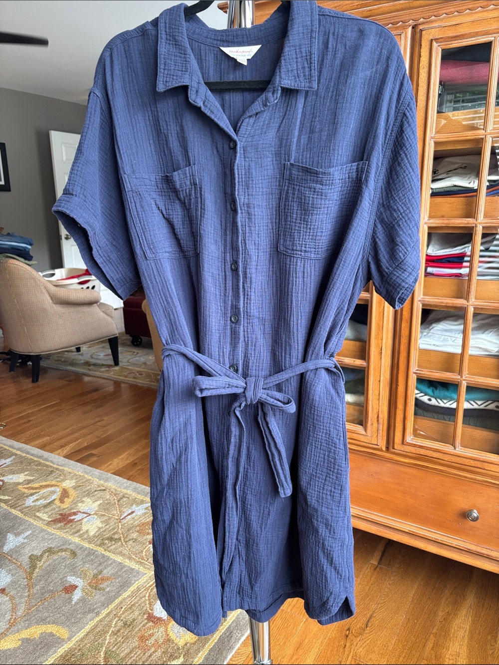 Button-Front Navy Midi Shirt Dress with Waist Tie